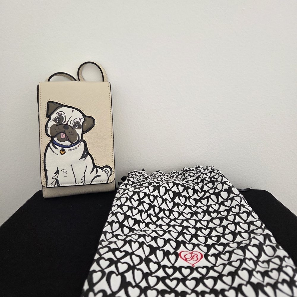 Beige Bulldog Crossbody Phone Bag with Black & White Heart Pouch